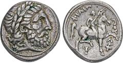 GREEK COINS MACEDONIA KÖNIGREICH. Philippos II., 359-336 v. Chr. AR-Tetradrachme, posthum, 316/294 v. Chr., Amphipolis; 14,17 g. Zeuskopf r. mit Lorbeerkranz//Reiter r. mit Zweig, unten Kantharos und 