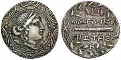 GREEK COINS MACEDONIA RÖMISCHE PROVINZ. AR-Tetradrachme der ersten Region (Imitation), 150/140 v. Chr.; 14,99 g. Drapierte Artemisbüste r. mit Bogen und Köcher auf makedonischem Schild//Keule in Kranz