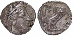 GREEK COINS ATTICA ATHEN. AR-Tetradrachme, um 440/420 v. Chr.; 16,91 g. Athenakopf r. mit attischem Helm//In Incusum: Eule r., dahinter Olivenzweig und Mondsichel. Flament Gruppe II; Hoover 1597. Fein