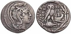 GREEK COINS ATTICA ATHEN. AR-Tetradrachme, Thargelion (= Mai/Juni) 116 v. Chr.; 16,55 g. Athenakopf r. mit attischem Helm//In Kranz: Eule auf Amphore mit Λ v. v., r. Prora. Hoover 1602; Thompson 603 j