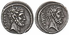 ROMAN COINS MÜNZEN DER RÖMISCHEN REPUBLIK AR-Denar, 54 v. Chr., Rom, M. Junius Brutus; 3,68 g. Kopf des L. Junius Brutus r.//Kopf des C. Servilius Ahala r. Bab. 30; BMC 3864; Crawf. 433/2; Syd. 907. D