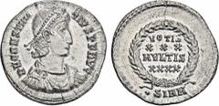 ROMAN COINS MÜNZEN DER RÖMISCHEN KAISERZEIT Constantius II., 337-361. AR-Siliqua, 351/355, Sirmium; 3,08 g. Drapierte Büste r. mit Perldiadem//In Kranz: VOTIS/XXX/MVLTIS/XXXX. RIC 17. Kl. Schrötlingsr