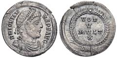 ROMAN COINS MÜNZEN DER RÖMISCHEN KAISERZEIT Jovianus, 363-364. AR-Siliqua, Nicomedia; 2,1 g. Drapierte Büste r. mit Perldiadem//VOT/V/MVLT/X in Kranz. RIC 127. R Feine Tönung, kl. Schrötlingsrisse, gu