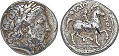 MACEDONIA KÖNIGREICH. Philippos II., 359-336 v. Chr. Õ-Tetradrachme, 336/328 v. Chr., Pella; 14,33 g. Zeuskopf r. mit Lorbeerkranz//Reiter r. mit Zweig, unten Delfin. Hoover 865; Le Rider 417 (stempel