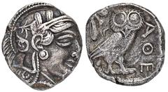 ATTICA ATHEN. Õ-Tetradrachme, um 420/405 v. Chr.; 17,13 g. Athenakopf r. mit attischem Helm//In Incusum: Eule r., dahinter Olivenzweig und Mondsichel. Flament Gruppe III; Hoover 1597. Feine Tönung, gu