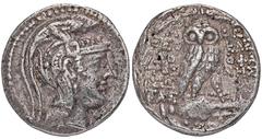 ATTICA ATHEN. Õ-Tetradrachme, Boedromion (= September/Oktober) 106/105 v. Chr.; 16,58 g. Athenakopf r. mit attischem Helm//Im Kranz: Eule auf Amphore v. v., darunter ΣΩ. Hoover 1602; Thompson 762. Lei