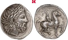 GRIECHISCHE MÜNZEN MACEDONIA KÖNIGREICH. Philippos II., 359-336 v. Chr. AR-Tetradrachme, 342/336 v. Chr., Pella; 13,79 g Zeuskopf r. mit Lorbeerkranz//Reiter r. mit Zweig, unten Blitz, im Abschnitt N.