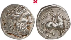 GRIECHISCHE MÜNZEN MACEDONIA KÖNIGREICH. Philippos II., 359-336 v. Chr. AR-Tetradrachme, 342/328 v. Chr., Amphipolis; 14,43 g Zeuskopf r. mit Lorbeerkranz//Reiter r. mit Zweig, unten janusförmiger Kop