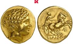 GRIECHISCHE MÜNZEN MACEDONIA KÖNIGREICH. Philippos II., 359-336 v. Chr. AV-Stater, posthum, 323/315 v. Chr., Amphipolis; 8,54 g Apollokopf r. mit Lorbeerkranz//Biga r., darunter Dreizack. Le Rider 187