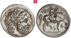 GRIECHISCHE MÜNZEN MACEDONIA KÖNIGREICH. Philippos II., 359-336 v. Chr. AR-Tetradrachme, posthum, 323/315 v. Chr., Pella; 14,32 g Zeuskopf r. mit Lorbeerkranz//Reiter r. mit Zweig, unten Schlange und 