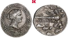 GRIECHISCHE MÜNZEN MACEDONIA RÖMISCHE PROVINZ. AR-Tetradrachme, 148/147 v. Chr., Amphipolis; 16,81 g Drapierte Artemisbüste mit Bogen und Köcher auf makedonischem Schild//In Kranz: Keule, darüber Hand