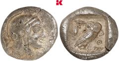 GRIECHISCHE MÜNZEN ATTICA ATHEN. AR-Tetradrachme, um 490/480 v. Chr.; 17,14 g Athenakopf r. mit attischem Helm//In Incusum: Eule r., dahinter Olivenzweig. Seltman Gruppe N; Hoover 1593 Herrliche Tönun