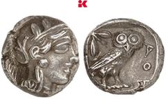 GRIECHISCHE MÜNZEN ATTICA ATHEN. AR-Drachme, um 454/404 v. Chr.; 4,23 g Athenakopf r. mit attischem Helm//In Incusum: Eule r., dahinter Olivenzweig. SNG München 60 ff; Hoover 1631 Feine Tönung, fast v