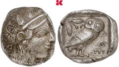 GRIECHISCHE MÜNZEN ATTICA ATHEN. AR-Tetradrachme, um 450 v. Chr.; 17,12 g Athenakopf r. mit attischem Helm//In Incusum: Eule r., dahinter Olivenzweig. Flament Gruppe V; Starr Gruppe V; Hoover 1596 Fei