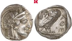 GRIECHISCHE MÜNZEN ATTICA ATHEN. AR-Tetradrachme, um 420/405 v. Chr.; 17,16 g Athenakopf r. mit attischem Helm//In Incusum: Eule r., dahinter Olivenzweig und Mondsichel. Flament Gruppe III; Hoover 159