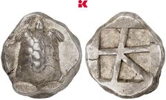 GRIECHISCHE MÜNZEN AEGINA AEGINA. AR-Stater, 445/430 v. Chr.; 12,37 g Landschildkröte//Fünffach geteiltes Incusum. SNG Delepierre 1535 ff; Hoover 437 R Attraktives Exemplar, sehr schön-vorzüglich Exem