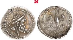 GRIECHISCHE MÜNZEN PELOPONNESUS LACONIA. LAKEDAIMON. AR-Triobol, um 80/50 v. Chr.; 2,39 g Herakleskopf r. mit Lorbeerkranz//In Kranz: Amphore zwischen Pilei der Dioskuren. Grunauer-von Hoerschelmann G