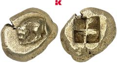 GRIECHISCHE MÜNZEN MYSIA KYZIKOS. El-Stater, 550/500 v. Chr.; 15,98 g Löwenprotome l., an Beute fressend, dahinter Thunfisch//Viergeteiltes Incusum. SNG France -, vergl. 181 (Hemihekte); v. Fritze 41 