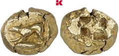 GRIECHISCHE MÜNZEN MYSIA KYZIKOS. El-Stater, 500/450 v. Chr.; 16,09 g Hund l., unten Thunfisch//Viergeteiltes Incusum. SNG France 230; v. Fritze 93; Corpus Nummorum Online cn type 11279 R Sehr schön E