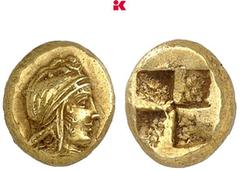 GRIECHISCHE MÜNZEN MYSIA KYZIKOS. El-1/12 Stater, 5./4. Jahrhundert v. Chr.; 1,38 g Attiskopf r. mit phrygischem Helm//Viergeteiltes Incusum. SNG France vergl. 292; v. Fritze vergl. 142; Hurter/Liewal