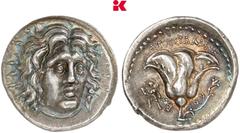 GRIECHISCHE MÜNZEN CARIA RHODOS. AR-Didrachme, 250/230 v. Chr., Magistrat Agesidamos; 6,77 g. Helioskopf fast v. v.//Rose, l. läuft Artemis l. mit Fackel. Ashton, The Coinage of Rhodes 206; SNG Keckma