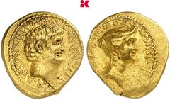 RÖMISCHE MÜNZEN IMPERATORISCHE PRÄGUNGEN Marcus Antonius, † 30 v. Chr. und Octavia. AV-Aureus, 38 v. Chr., Athen (?); 8,10 g Beiderseits Kopf r. Bab. 69; BMC 144; Sear 268; Syd. 1200; Calicó 112; Craw