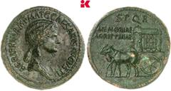 RÖMISCHE MÜNZEN MÜNZEN DER RÖMISCHEN KAISERZEIT Gaius Caligula, 37-41 für Agrippina mater. Æ-Sesterz, Rom; 29,80 g Drapierte Büste r.//Carpentum l. BMC 85; Coh. 1; RIC² 55 Selten in dieser Erhaltung. 