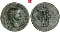 RÖMISCHE MÜNZEN MÜNZEN DER RÖMISCHEN KAISERZEIT Titus, 79-81. Æ-Sesterz, 79/81, Rom; 28,29 g Kopf r. mit Lorbeerkranz//Spes geht l. mit Blume. BMC 186 Anm.; Coh. 221 var.; RIC² 169 Seltene Variante de