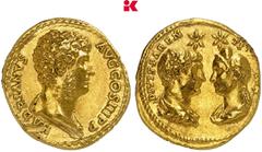 RÖMISCHE MÜNZEN MÜNZEN DER RÖMISCHEN KAISERZEIT Hadrianus, 117-138 für Divus Traianus und Diva Plotina. AV-Aureus, 137 (oder 138), Rom; 7,33 g Kopf des Hadrianus r., l. drapiert//Drapierte Büsten des 