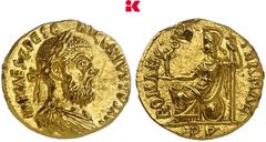 RÖMISCHE MÜNZEN MÜNZEN DER RÖMISCHEN KAISERZEIT Pescennius Niger, 193-194. AV-Aureus, unbestimmte, möglicherweise mobile Münzstätte; 6,64 g Drapierte Büste r. mit Lorbeerkranz//Roma sitzt l. mit Victo