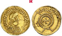 VÖLKERWANDERUNG SUEBEN Tremissis, im Namen des Valentinianus III. (nach 452), unbekannte spanische Münzstätte (?); 1,26 g Gepanzerte Büste des Valentinianus r. mit Perldiadem//In Kranz: Kreuz. Reinhar