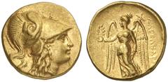 GRIECHISCHE MÜNZEN MACEDONIA Alexander III., 336-323 v. Chr. AV-Stater, 336/323 v. Chr. (oder später), unbestimmte Münzstätte; 8,50 g. Athenakopf r. in korinthischem Helm//Nike steht l. mit Kranz und 