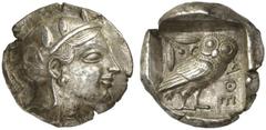 GRIECHISCHE MÜNZEN ATTICA ATHEN AR-Tetradrachme, um 455/449 v. Chr.; 16,88 g. Athenakopf r. mit attischem Helm//In Incusum: Eule r., dahinter Olivenzweig und Mondsichel. Starr Gruppe V B. Prachtexempl