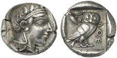 GRIECHISCHE MÜNZEN ATTICA ATHEN AR-Tetradrachme, um 449 v. Chr.; 17,09 g. Athenakopf r. mit attischem Helm//In Incusum: Eule r., dahinter Olivenzweig und Mondsichel. Flament Gruppe I (Revers stempelgl