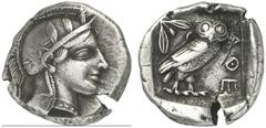 GRIECHISCHE MÜNZEN ATTICA ATHEN AR-Tetradrachme, um 440/420 v. Chr.; 16,86 g. Athenakopf r. mit attischem Helm//In Incusum: Eule r., dahinter Olivenzweig und Mondsichel. Flament Gruppe II. Breiter Sch