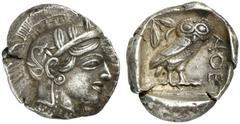 GRIECHISCHE MÜNZEN ATTICA ATHEN AR-Tetradrachme, um 420/405 v. Chr.; 17,09 g. Athenakopf r. mit attischem Helm//In Incusum: Eule r., dahinter Olivenzweig und Mondsichel. Flament Gruppe III. Breiter Sc