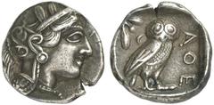 GRIECHISCHE MÜNZEN ATTICA ATHEN AR-Tetradrachme, um 420/405 v. Chr.; 16,81 g. Athenakopf r. mit attischem Helm//In Incusum: Eule r., dahinter Olivenzweig und Mondsichel. Flament Gruppe III. Herrliche 