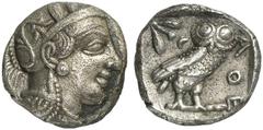 GRIECHISCHE MÜNZEN ATTICA ATHEN AR-Tetradrachme, um 420/405 v. Chr.; 16,66 g. Athenakopf r. mit attischem Helm//In Incusum: Eule r., dahinter Olivenzweig und Mondsichel. Flament Gruppe III. Etwas korr