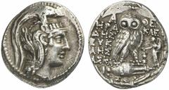 GRIECHISCHE MÜNZEN ATTICA ATHEN AR-Tetradrachme, Metageitnion (= August/September) 107 v. Chr.; 16,62 g. Athenakopf r. mit attischem Helm//Im Kranz: Eule auf Amphore mit B v. v., r. geflügelte Tyche m