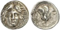 GRIECHISCHE MÜNZEN CARIA RHODOS AR-Tetradrachme, 230/205 v. Chr., Magistrat Ameinias; 13,53 g. Helioskopf fast v. v.//Rose, l. Prora. Ashton, The Coinage of Rhodes 212; SNG Keckman 542. R Feine Tönung