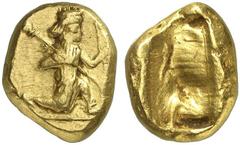 GRIECHISCHE MÜNZEN PERSIA Achämeniden AV-Dareike, 5. Jahrhundert v. Chr.; 8,20 g. Großkönig im Knielauf r. mit Bogen und Speer//Incusum. SNG Berry 1447. Fast vorzüglich Die persische Dareike ist nach 