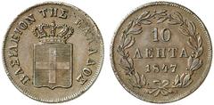 EUROPÄISCHE MÜNZEN UND MEDAILLEN GRIECHENLAND Otto I., 1832-1862 Ku.-10 Lepta 1847, Athen. Divo 20 a. Selten in dieser Erhaltung. Min. poröser Schrötling, vorzüglich
