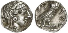 GRIECHISCHE MÜNZEN ATTICA ATHEN AR-Tetradrachme, um 420/405 v. Chr.; 17,11 g. Athenakopf r. mit attischem Helm//In Incusum: Eule r., dahinter Olivenzweig und Mondsichel. Flament Gruppe III. Feine Tönu