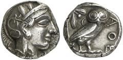 GRIECHISCHE MÜNZEN ATTICA ATHEN AR-Tetradrachme, um 420/405 v. Chr.; 17,11 g. Athenakopf r. mit attischem Helm//In Incusum: Eule r., dahinter Olivenzweig und Mondsichel. Flament Gruppe III. Herrliche 