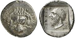 GRIECHISCHE MÜNZEN LYCIA Mithrapata, 380-360 v. Chr. AR-Stater, 380/360 v. Chr.; 9,75 g. Löwenprotome v. v.//In Incusum: Bärtiger Kopf l., dahinter Triskelis. Mildenberg, Vestigia Leonis Tf. XXXIV, 11
