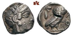 ATTICA ATHEN. AR-Tetradrachme, um 420/405 v. Chr.; 16.91 g. Athenakopf r. mit attischem Helm//In Incusum: Eule r., dahinter Olivenzweig und Mondsichel. Flament Gruppe III. Prüfpunze auf dem Avers, Prü