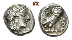 ATTICA ATHEN. AR-Drachme, um 350/295 v. Chr.; 4.23 g. Athenakopf r. mit attischem Helm//Eule r., dahinter Olivenzweig und Mondsichel. Flament S. 125 ff., Stil Pi. RR Sehr schön Erworben im Februar 199