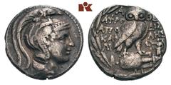 ATTICA ATHEN. AR-Tetradrachme, 122/121 v. Chr.; 16.46 g. Athenakopf r. mit attischem Helm//In Kranz: Eule auf Amphore v. v., r. steht Nike l. Thompson 501. Feine Patina, schön-sehr schön Erworben 1969