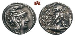 ATTICA ATHEN. AR-Tetradrachme, Skirophorion (= Juni/Juli) 99 v. Chr.; 16.62 g. Athenakopf r. mit attischem Helm//In Kranz: Eule auf Amphore mit v. v., r. steht Tyche l. Thompson 873 b. Feine Patina, s
