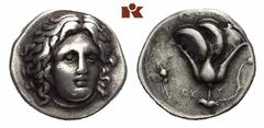 CARIA RHODOS. AR-Didrachme, 305/275 v. Chr.; 6.57 g. Helioskopf fast v. v.//Rose, l. Thyrsos und EY. Ashton, The Coinage of Rhodes 159; SNG Keckman -. Sehr schön